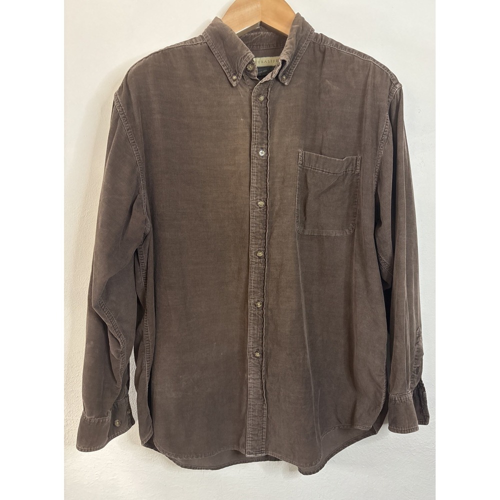 Vintage Naturalife Brown Corduroy Men's Button-Down Shirt L 100% Cotton Long Slv
